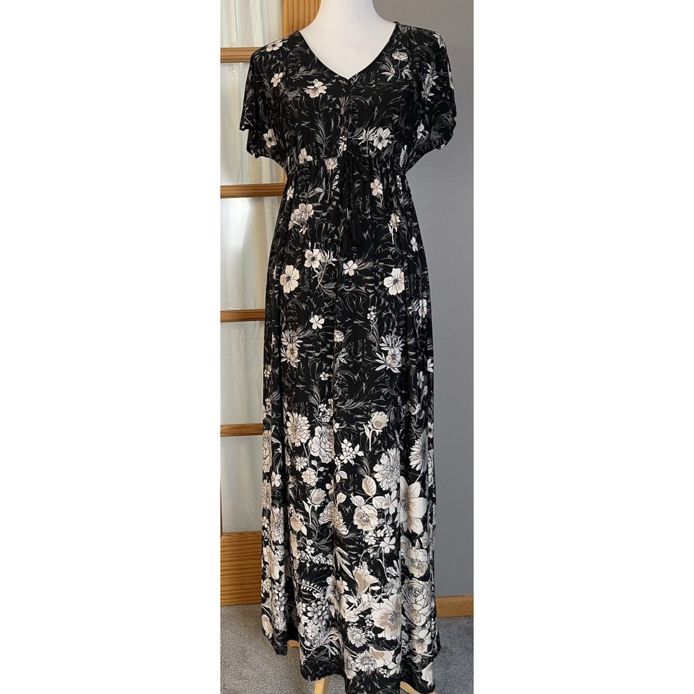 Women's Floral Maxi Dress Sz S Black Beige Relax Fit Boho Chic Cottagecore Boho